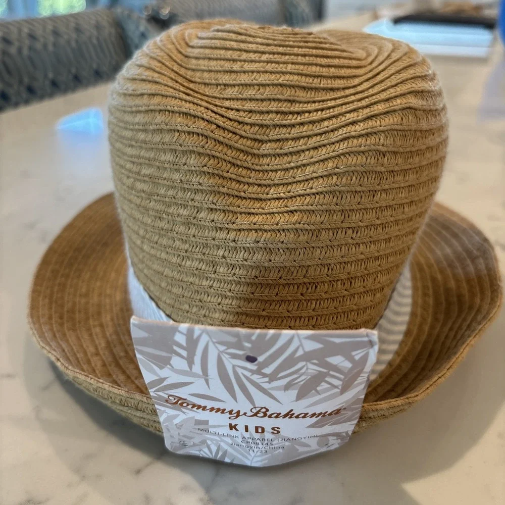 Tommy‎ Bahama Kids Straw Fedora Hat Seersucker Striped Band Vacation Summer NWT